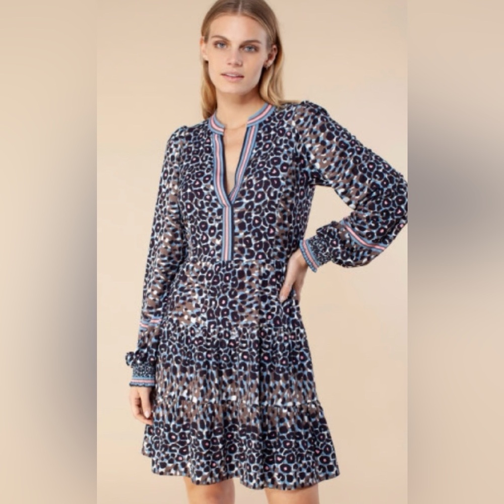 Hale Bob Women’s Medium Leopard Print V-Neck Long Sleeve Tiered Mini Dress